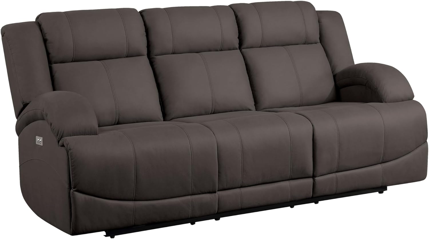Benjara Kate 82 Inch Power Double Recliner Sofa, USB Ports, Brown Microfiber, Wood