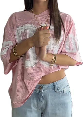 DSORVICD Women Oversized Jersey Shirts Y2k Number Print Graphic Tees V Neck Short Sleeve Baggy T-Shirt Preppy Clothes