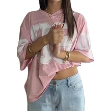 DSORVICD Women Oversized Jersey Shirts Y2k Number Print Graphic Tees V Neck Short Sleeve Baggy T-Shirt Preppy Clothes