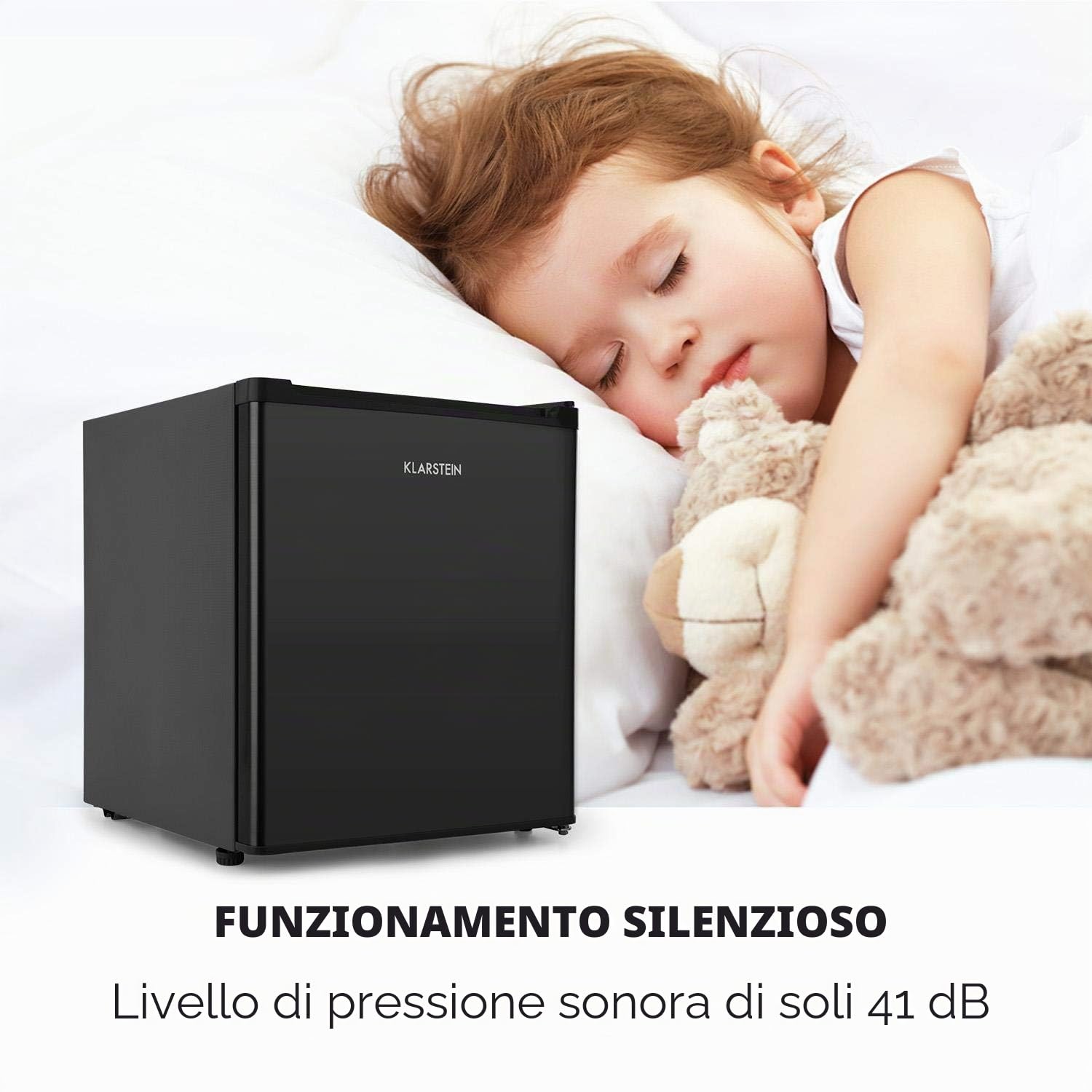 KLARSTEIN Snoopy Eco Mini Frigorifero con Congelatore, Capacità 46 L, Vano Congelatore 4 L, 41 dB Silenzioso, Basso Consumo 84 kWh/anno, Nero