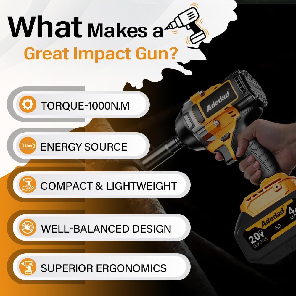 1000N.m Cordless Impact Wrench 1/2 inch,20V 740ft-lbs High Torque Impact Gun with 2 x 4.0 AH Batteries,Sockets and Case,Brushless Power Impact Driver for Automotive and Heavy Duty Use