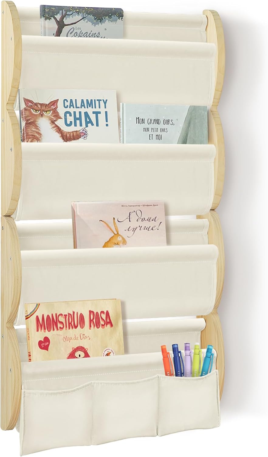 Wooden Wall Mounted Bookshelf for Kids Rooms, 4 Tier Floating Nursery Book Shelf, Kids Bookshelf with 2 Pockets, Toddler Sling Book Rack with Deep Sleeves (Beige)
