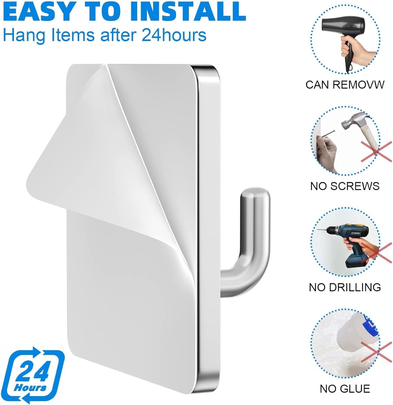 6 PCS Adhesive Wall Hooks Heavy Duty, 304 Stainless Steel Self Adhesive Hooks for Bathroom Kitchen, No Drilling Wall Mount Coat Hooks for Towels, Keys, Robes – Brushed Silver