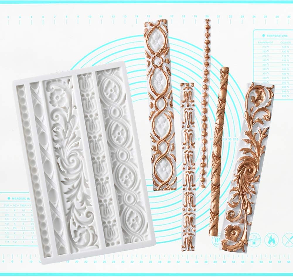 Palksky DIY Baroque Scroll Relief Cake Border Silicone Mold/Vintage Curlicues Fondant Molds Flower Frame Edible Lace Mould Mat for Birthday Candy Chocolate Sugarcraft Gum Paste Decorating Tool