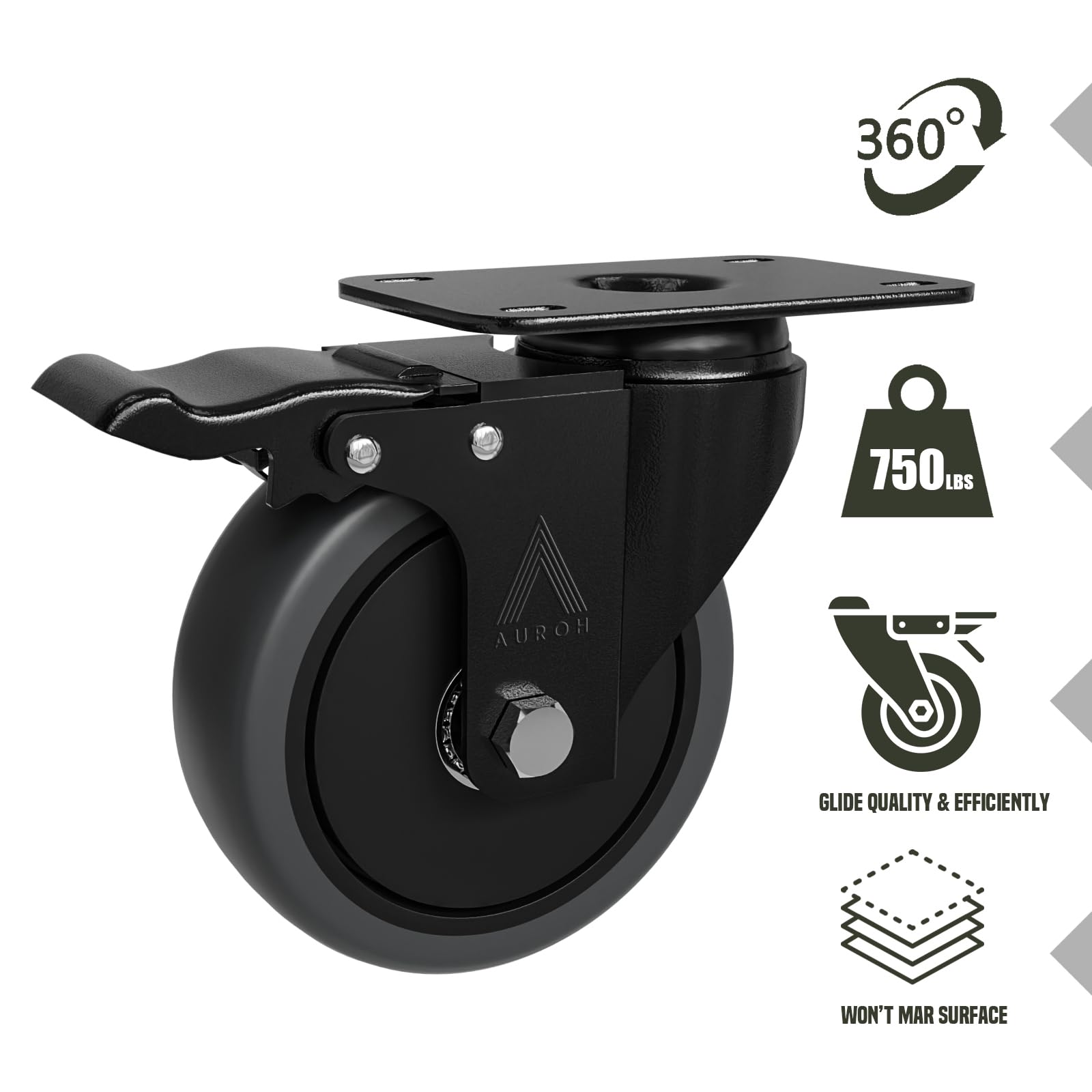 Juego de 4 ruedas giratorias de goma resistentes de 100 mm a 600 kg, juego de 4 ruedas grises de bajo ruido para muebles (juego de 4 con frenos)