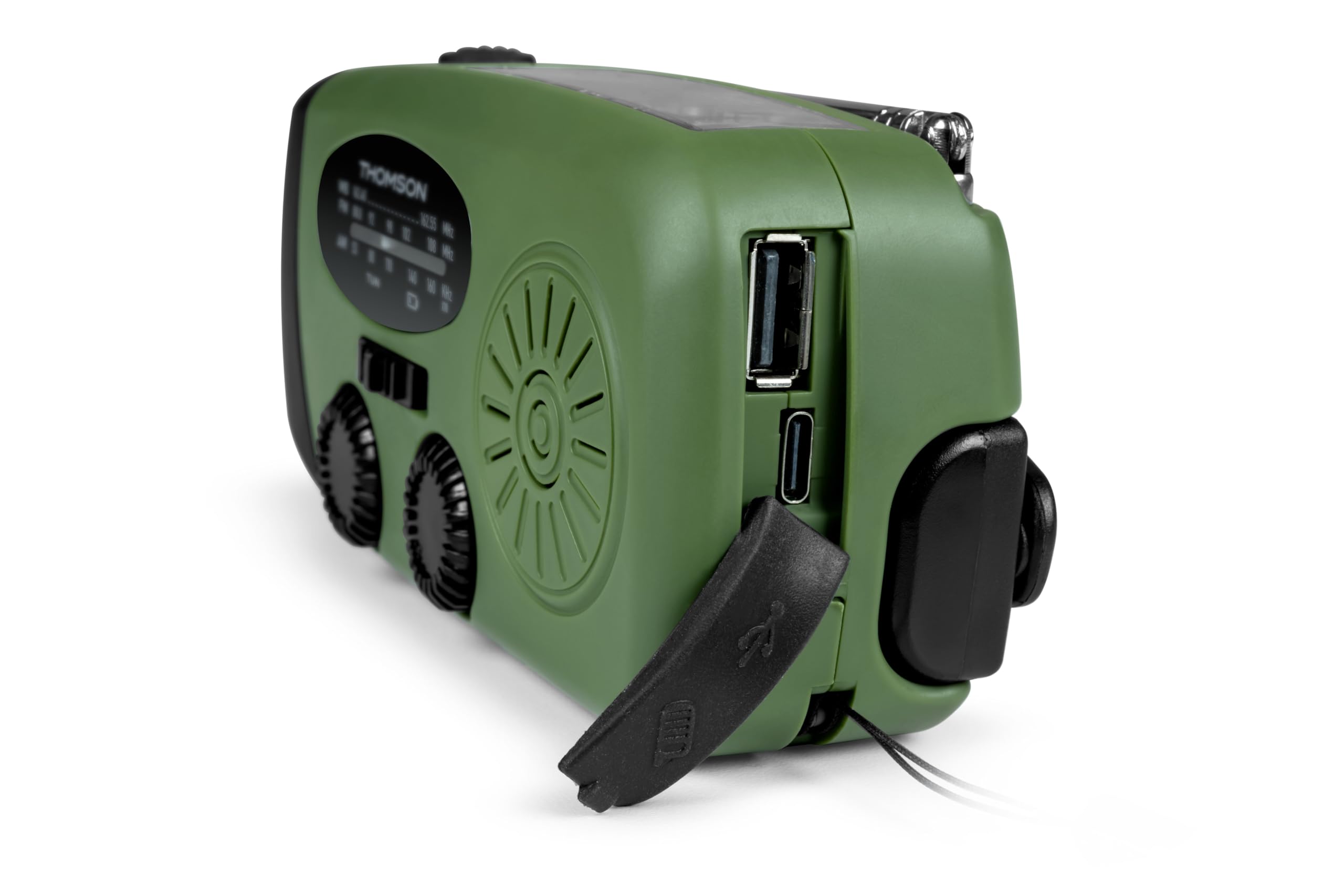 Thomson RT260 - Radio Solar de Emergencia FM/AM con Manivela, Portátil, Función Powerbank Solar 2000mAh, Linterna sin Pilas con Dinamo LED, botón SOS, Doméstica y de Camping