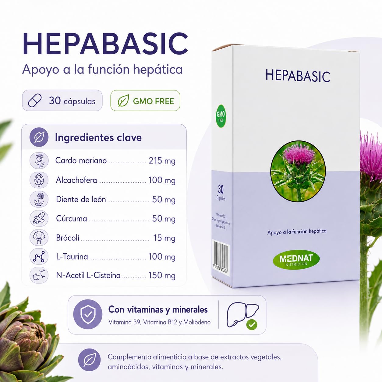 Mednat HepaBasic 30 Cápsulas - Suplemento Depurativo y Protector Hepático - Con Cardo Mariano, Colina y Alcachofa - Tecnología de Alta Absorción - Detox y Digestión Ligera