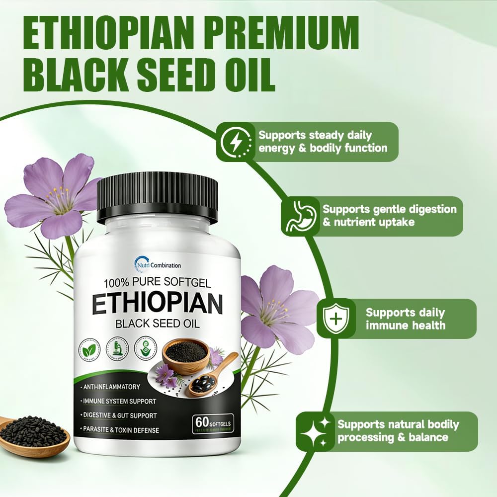 Ethiopian Black Seed Oil Capsules 4.64% Thymoquinone, Non-GMO, Gluten-Free, 60 Capsules-1PCS