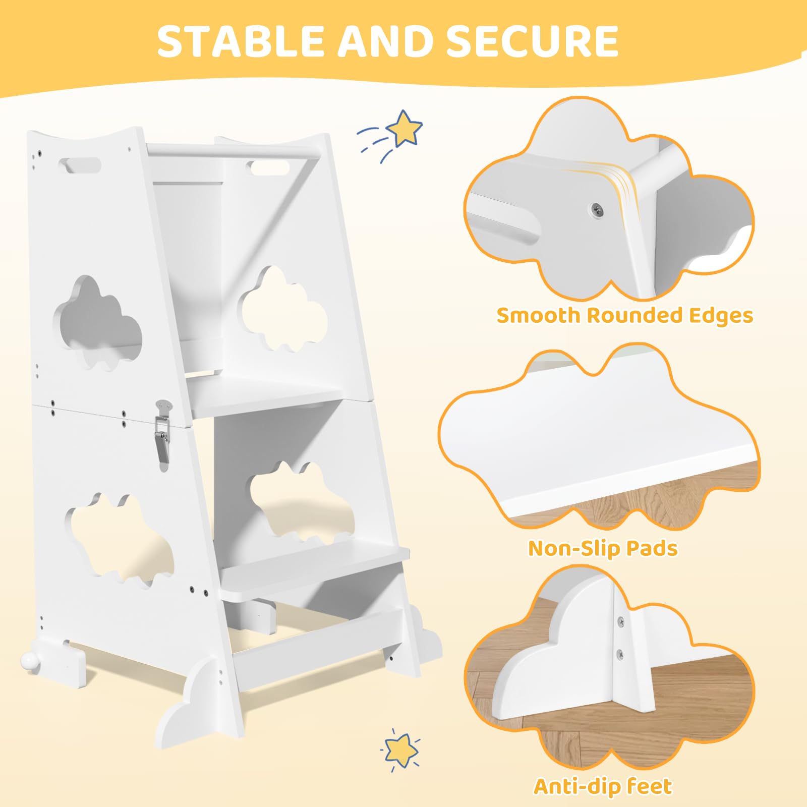 KIDINIX Lernturm ab 1 Jahr, 3 in 1 Montessori Learning Tower mit Sicherheitsgeländer und Tafel, Klappbarer Lernstuhl Kinder mit Tischfunktion für Küche, Bad, Weiß