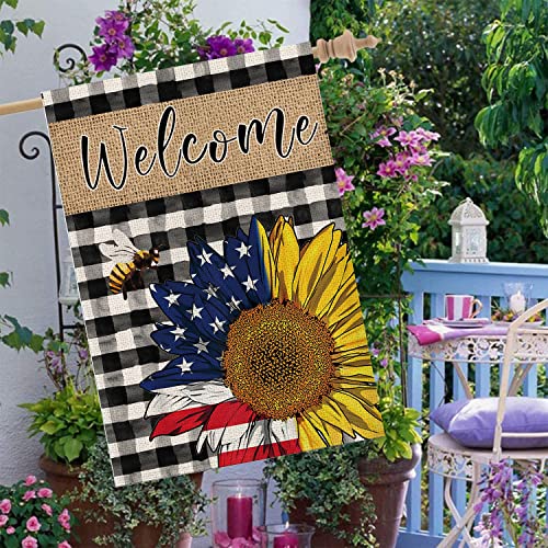 Lhsion Summer Sunflower Patriotic House Flag 28 × 40 Inch 4Th Of July Buffalo Plaid Double Sided Burlap Flag For Seasonal Anniversary Decor #TOP4