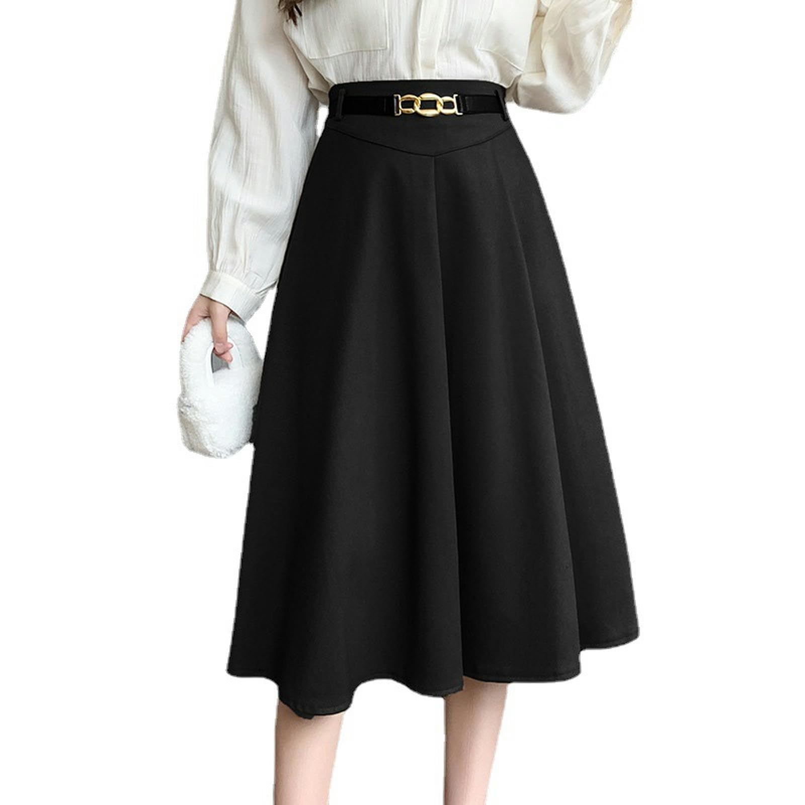 Gonna Lunga Donna Gonna delle Donne Elegante Lunga Midi Gonna Abbinamento Cintura A-Line Colore Autunno Inverno Moda Calda Gonna Plissettata Vita Alta-Nero-XL