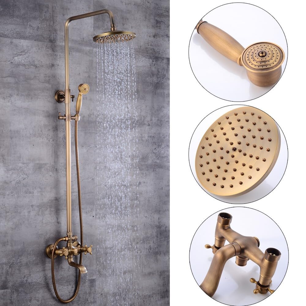 Colonna doccia bronzo con doccia a pioggia e doccetta a mano, set doccia vintage per bagno, set doccia in rame regolabile in altezza, rubinetto da bagno retrò con attacco da 150 mm