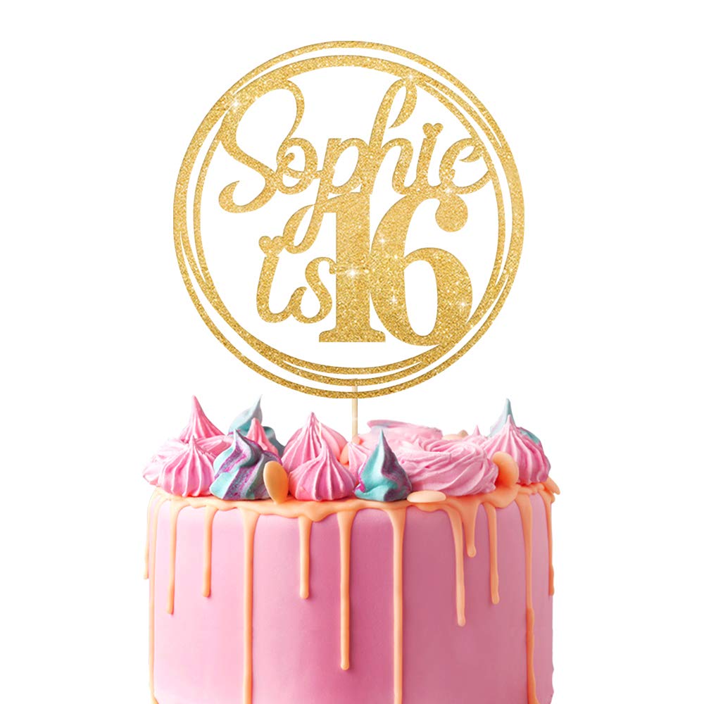 Personalised Birthday Cake Topper | Customized with Any Name Any Age 16 18 21 40 60 Party Cake Decoration | Double Sided Glitter Card | Gold