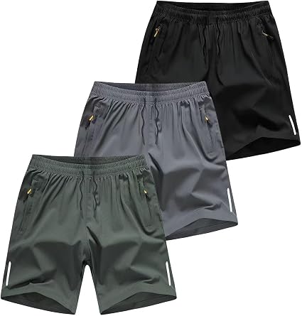 3-Pack Mens Athletic Shorts Ice-Silk Quick-Dry Fabric Elastic Waistband with Drawstring Zippered Pocket