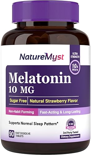 NatureMyst Melatonina 10 MG, tabletas de disolución rápida, ultra fuerza, no forman hábito, apoyo para dormir y calmar, sin azúcar, sabor natural de