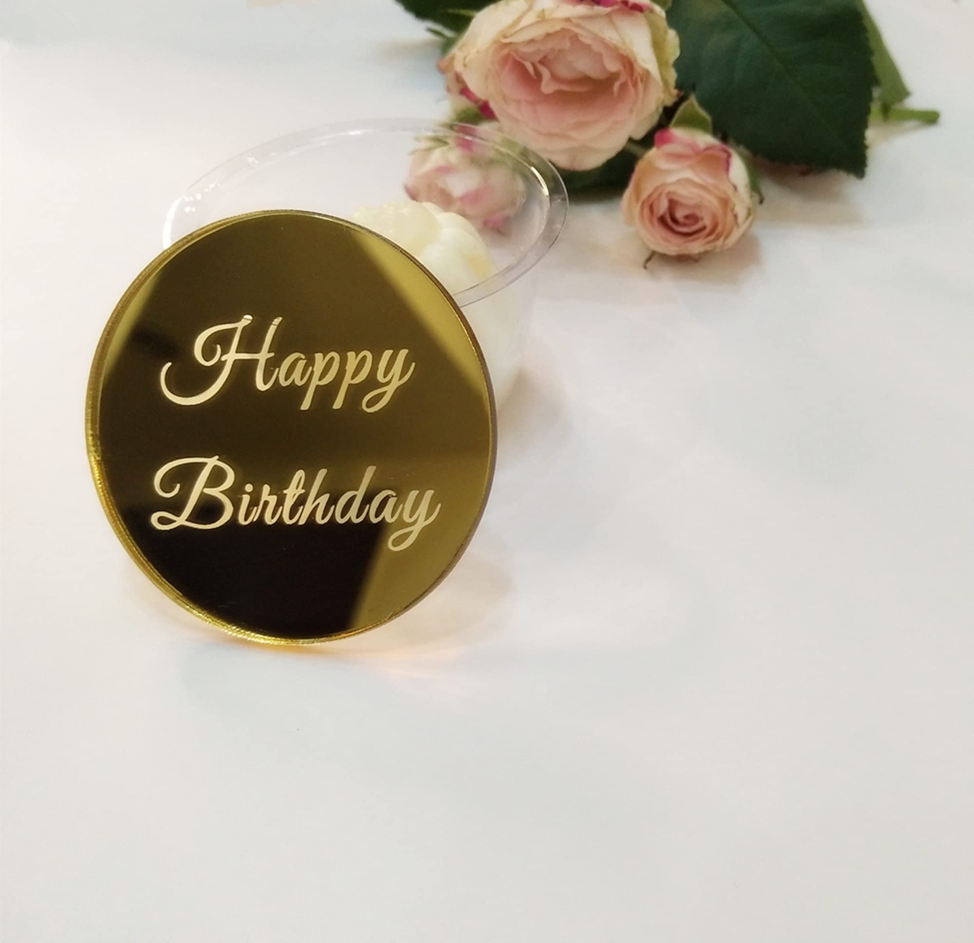 12pcs Mirrored Happy Birthday Cake Disc Cupcake Toppers, Acrylic Cake Charm, Engraved Topper,Mini Acrylic Cake Toppers (Gold Mirror)