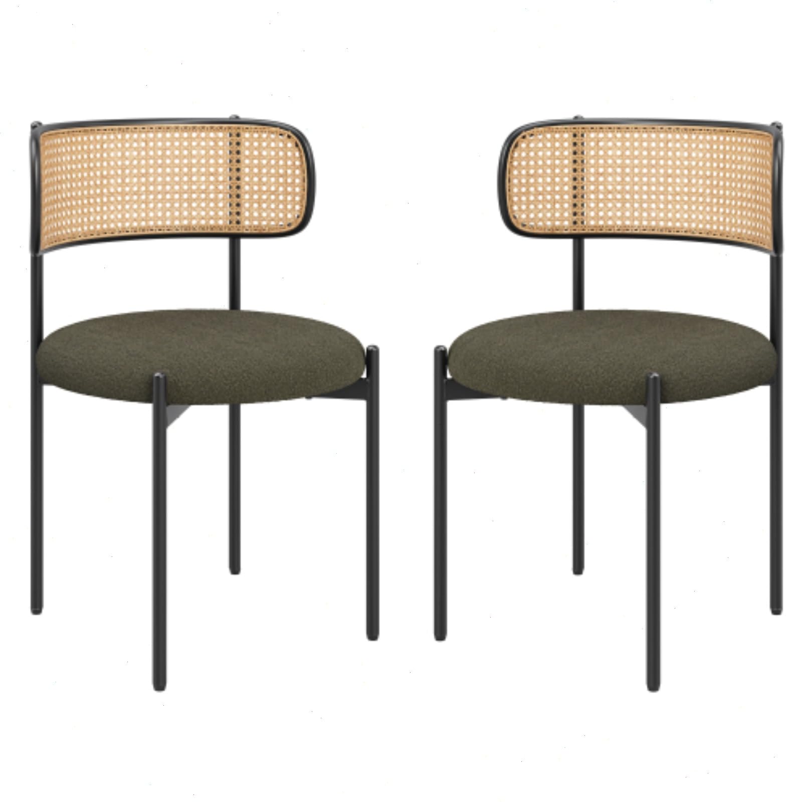 dining chairs set of 2,mid-century modern kitchen chair rattan backrest round upholstered sherpa dining chairs with metal legs (green)