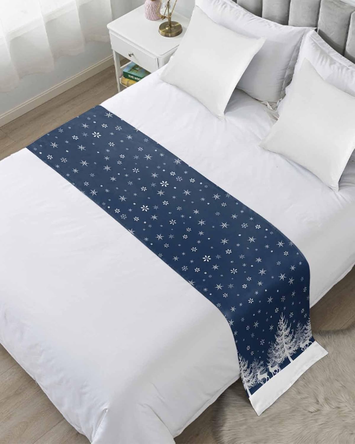Christmas Elk Bed Runner Scarf Bedding Accessory For Queen Size Bed,Soft Bed Scarves And Runners Stainproof Dustproof Bedroom Protector For Hotel Wedding Room,Forest Winter Deer Xmas Tree Blue 94"x20"