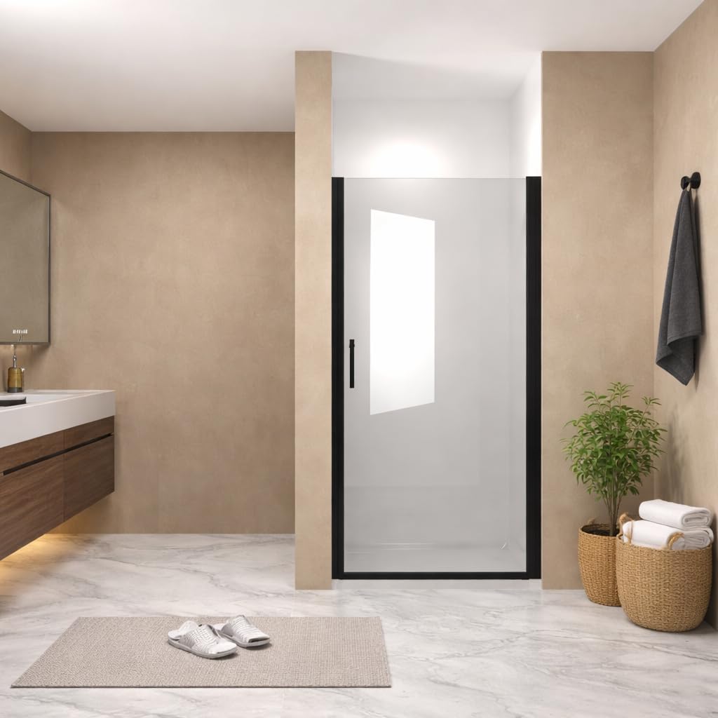 28"x 72" Pivot Shower Door, Matte Black Aluminum Frame, Half Frame,1/4"(6mm) Tempered Glass Explosion Proof Film,Stainless Steel Handle