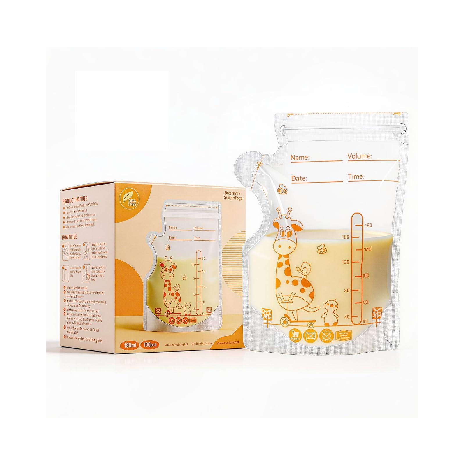 Oderra 100PCS Breast Milk Storage Bags 180ml- Pre-Sterilized Freezer-Safe Breastmilk Bags with Built-In Pour Spout, Double Zip Seal, Hospital Bag Maternity Essentials