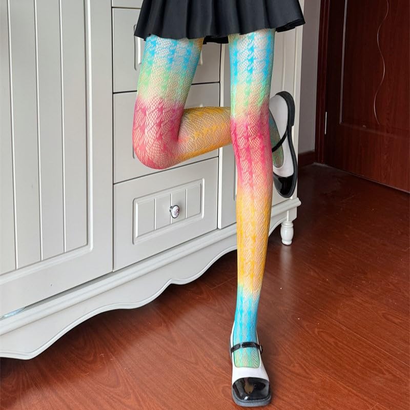 mdgfge Rainbow Women Sheer Tights Fishnet Sexy Colorful Hollow Out High Waist Pantyhose Gradient Stockings Small Sheer Mesh Design for Women Rainbow Pride Day Halloween Parade Party3