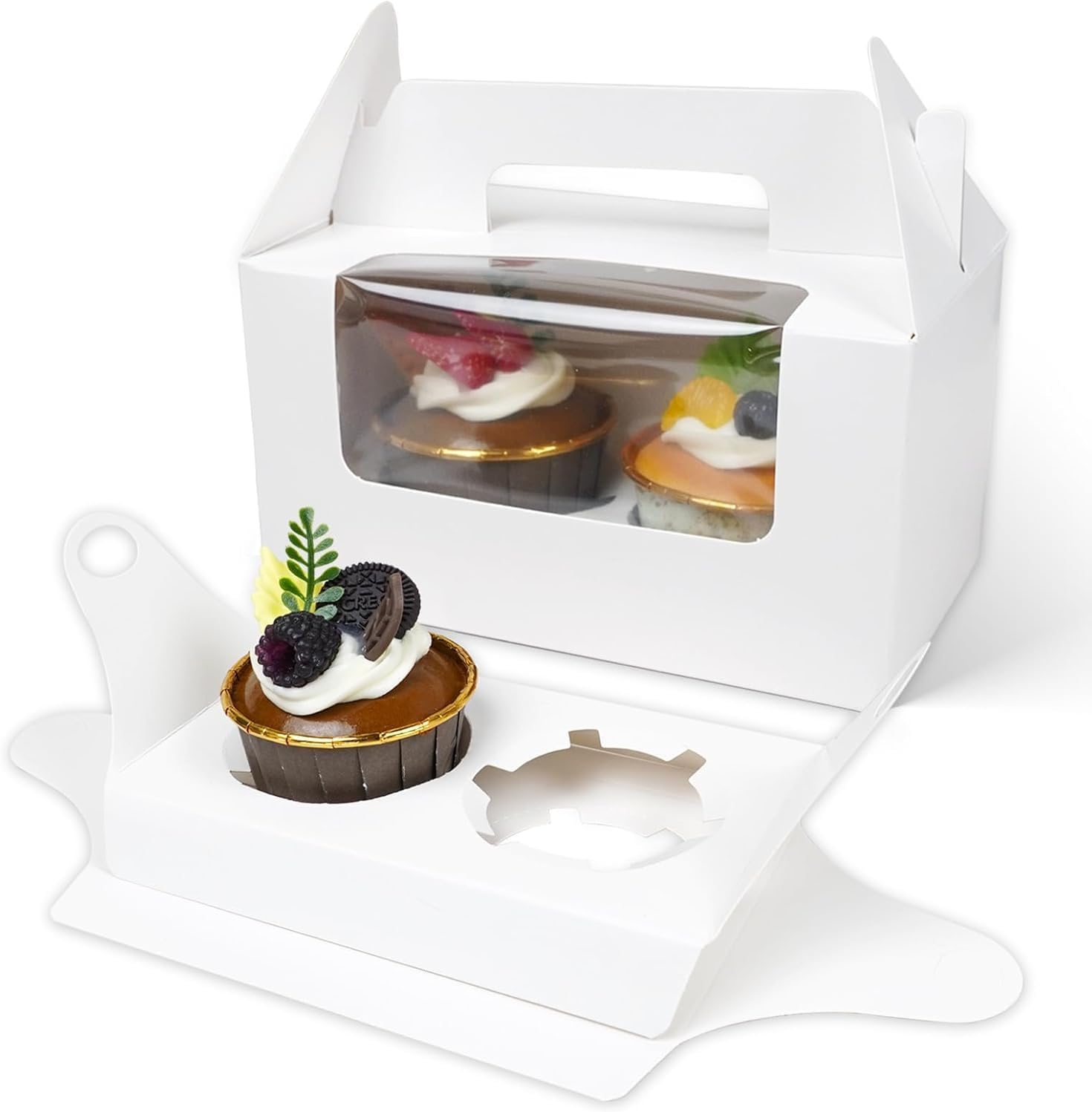 HommyFine25-Set White Cupcake Boxes with Insert,Handle and Window, 2 Holder Kraft Paper Cupcake Container, Cupcake Holders for Cookies, Muffins and Pastries Bakery Take Out Containers