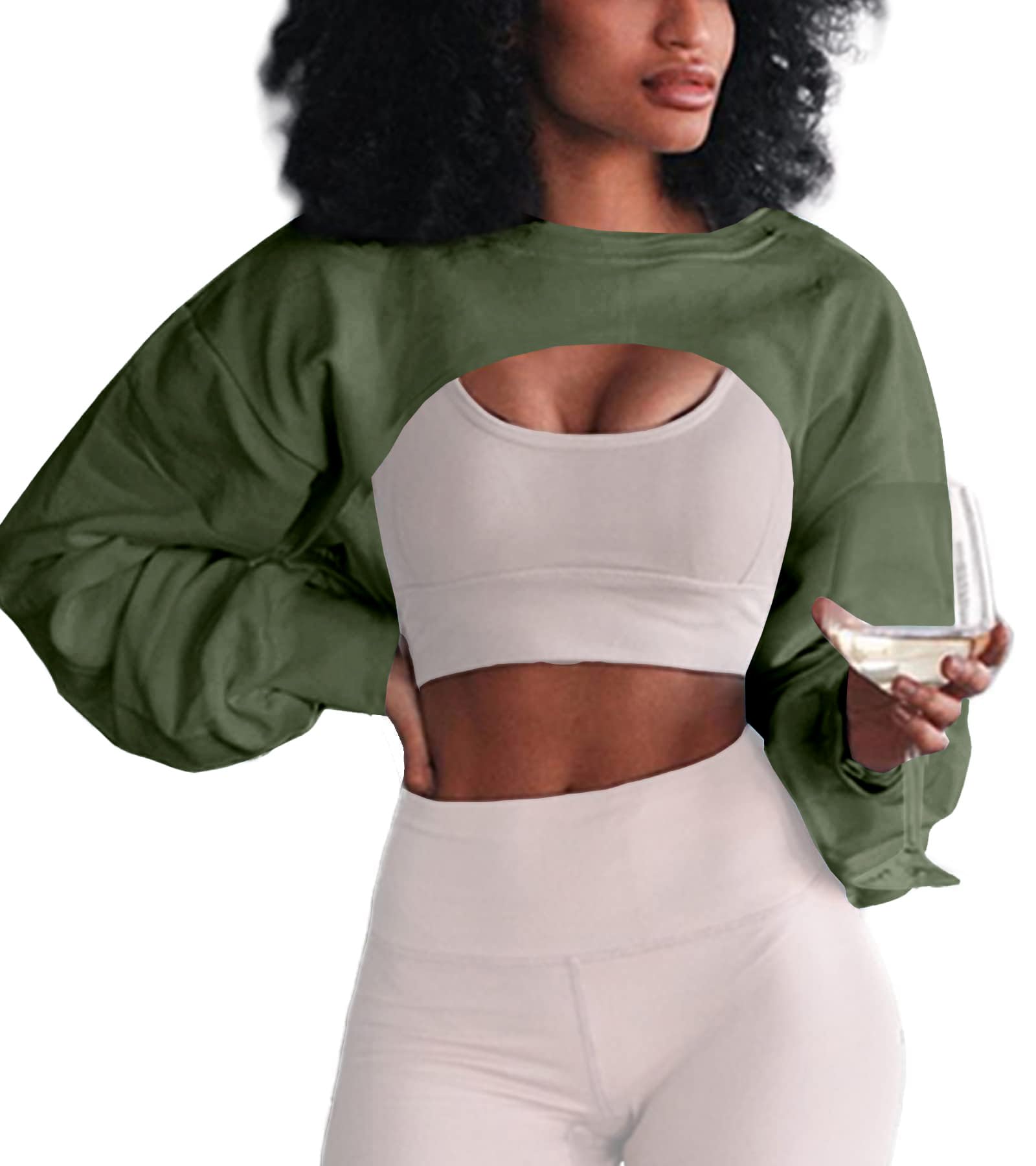 Women Crewneck Long Sleeve Crop Top Workout Gym Casual Cut out Loose Cropped Sweatshirt