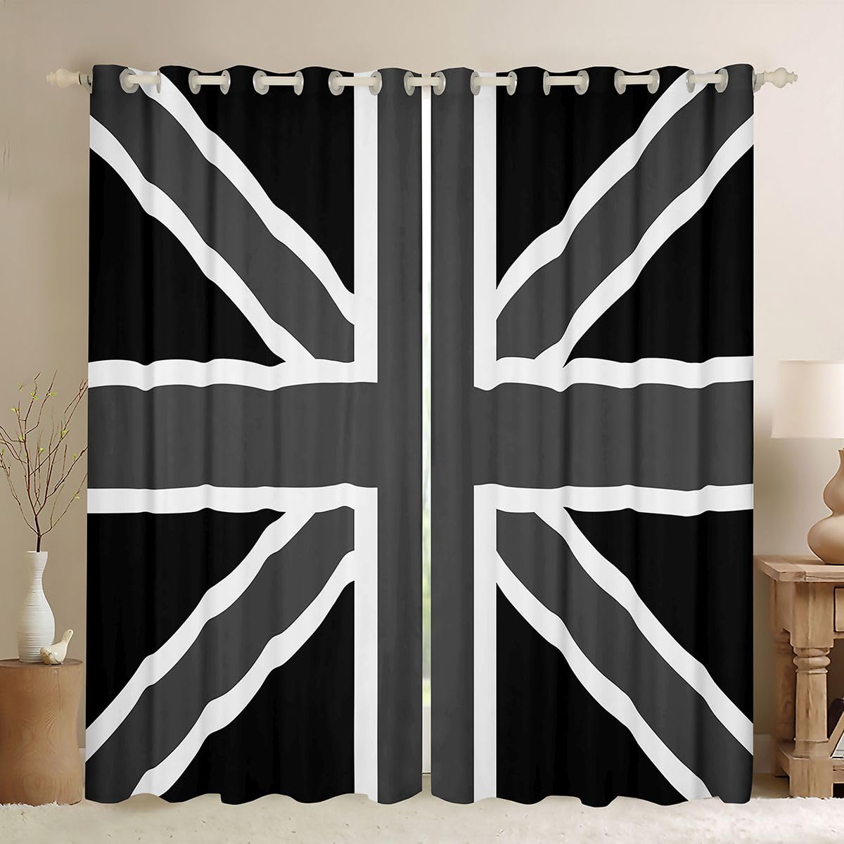 Homewish Black Grey Union Jack Blackout Curtains 46 x 72 for Living Room — image 1