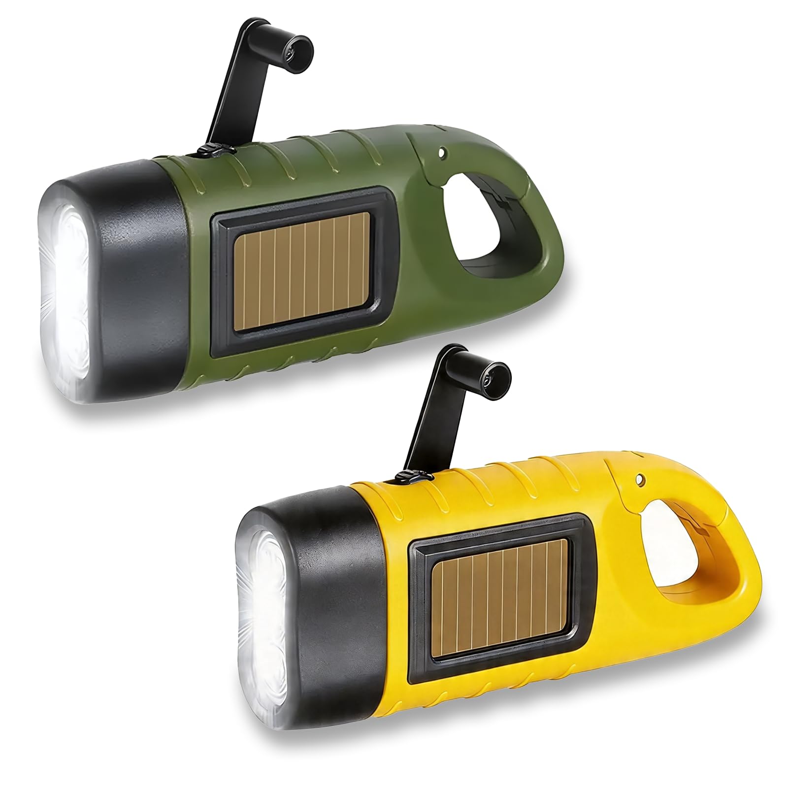 2 Pack Wind Up Torch Solar Powered LED, Hand Crank Dynamo Flashlight with Carabiner Clip, Portable Camping Torch for Emergency Kit, Hiking, Car, Power Cuts & Outdoor Use, Army Green & Yellow