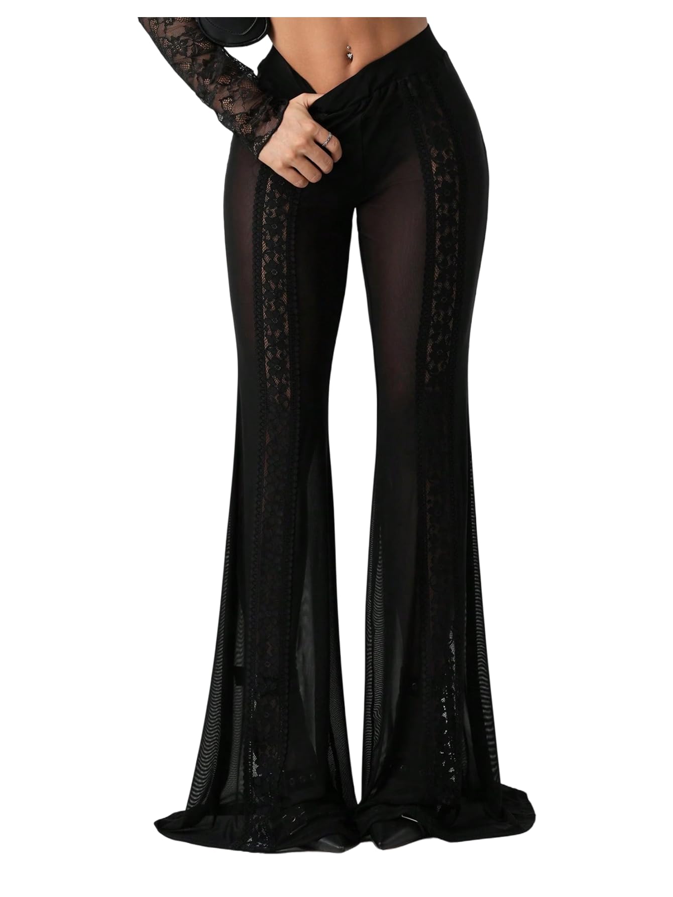 GORGLITTER Womens Floral Lace Bell Bottom Pants Sheer Mesh Boho Goth Flare Leg Sexy Long Pants Leggings