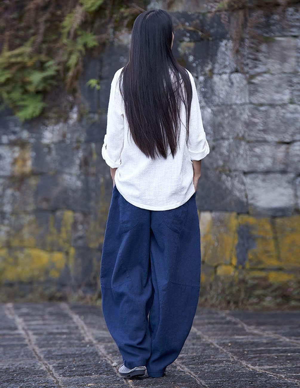 IXIMO Women's Cotton Linen Pants Casual Elastic Waist Lantern Slacks Loose Fit Baggy Patchwork Trousers - Image 4