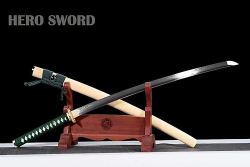 Miniatura 5 de HERO SWORD Katana templada de arcilla hecha a mano, auténtica espada samurái japonesa de espiga completa, espada de batalla de acero T10, dorado