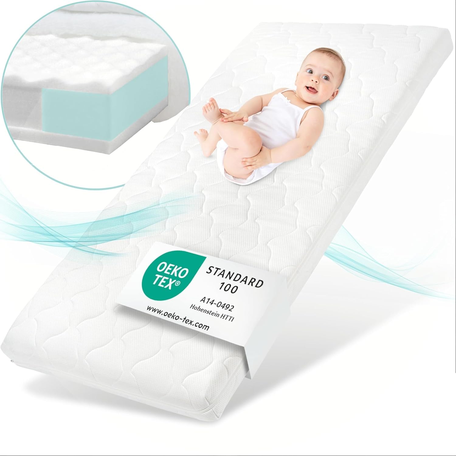 Sun Garden Matelas Bébé, Matelas Enfant 60x120 cm avec Bord Stable | Certifié Oeko-Tex 100 | Mousse, Lavable jusqu'à 60°C, Confort de Sommeil Élevé, Durable