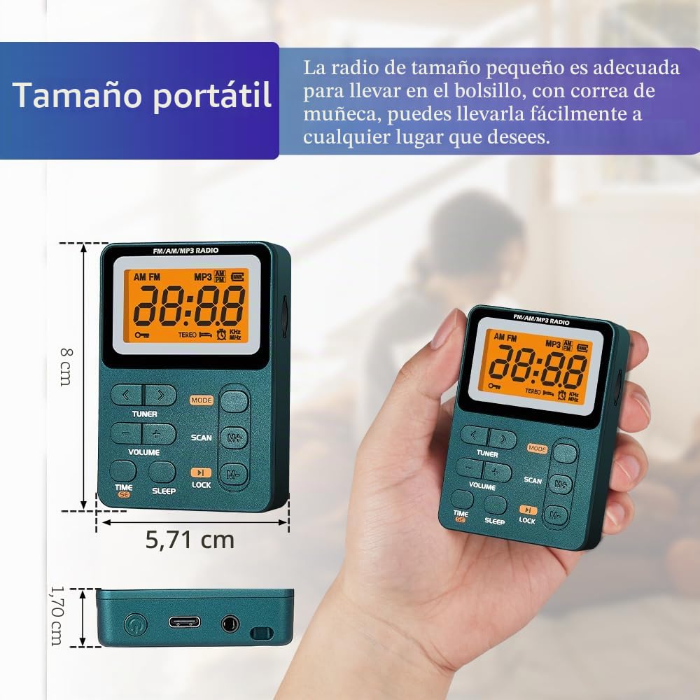 Radio portátil AM FM, altavoz de bolsillo recargable con la mejor sintonización digital de recepción, MP3, auriculares estéreo, pantalla LCD grande, toma de tarjeta TF, radio transistor para