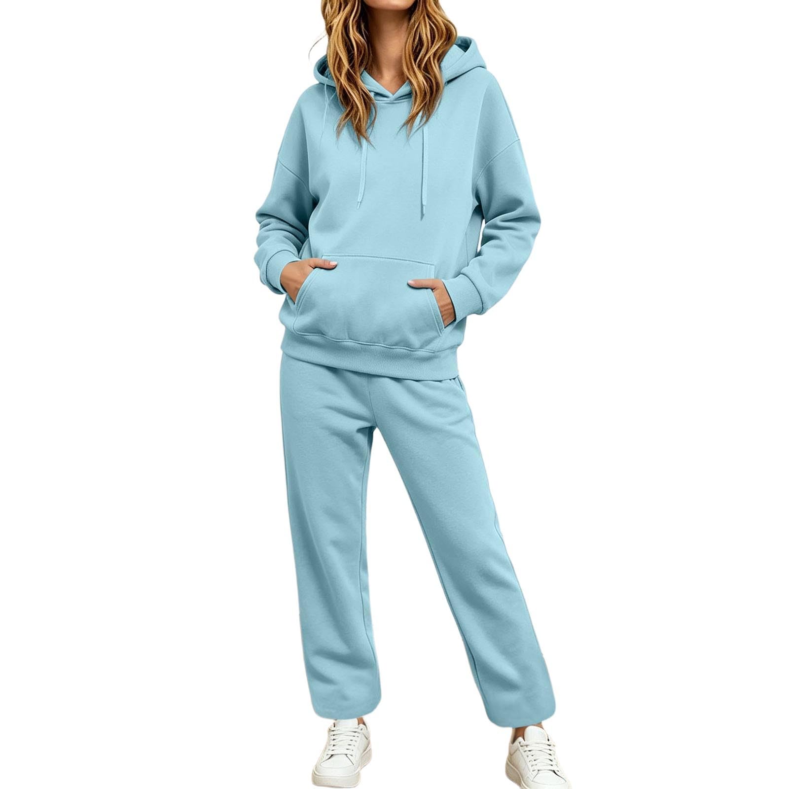Tuta da jogging da donna, tinta unita, 2 pezzi, felpa con cappuccio e gamba dritta, tuta sportiva, per il tempo libero, comoda tuta da fitness, casual, a maniche lunghe
