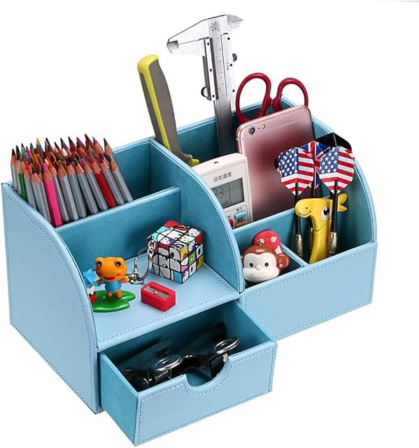 BTSKY Office Multi-functional Pu Leather Desk Organiser Tidy Business Card Pen Mobile Phone Remote Control Holder Storage Box (Blue)