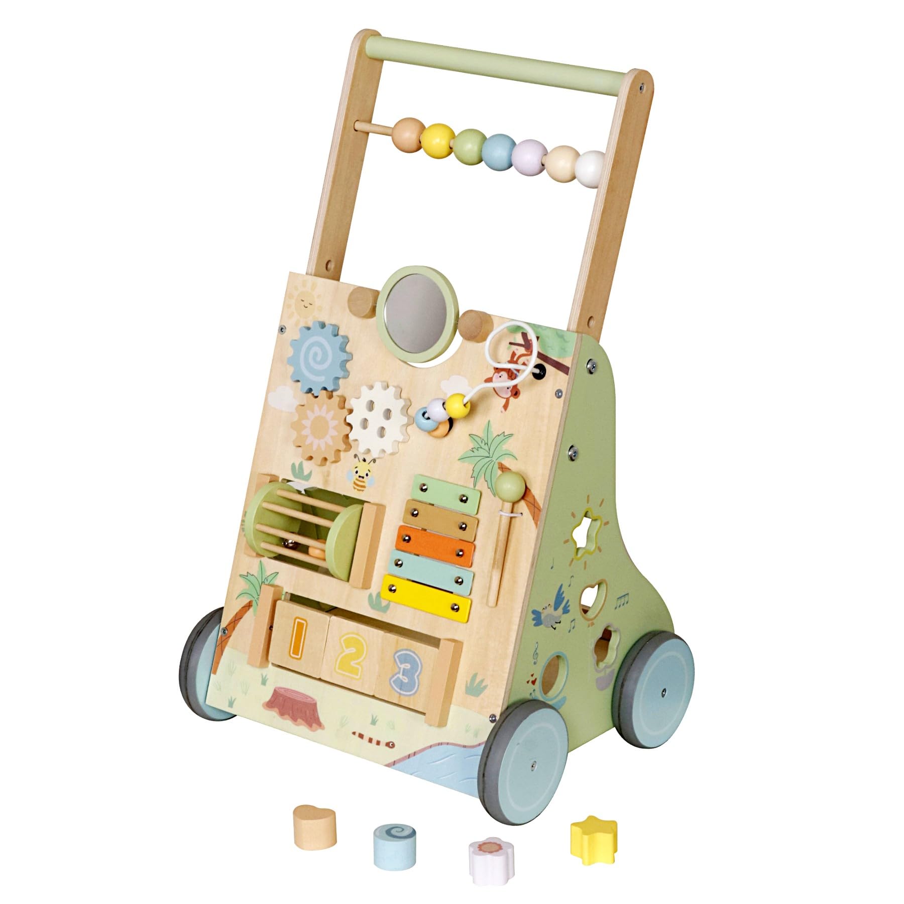 Andador de madera para bebé con juguete de motricidad y tabla de actividad, andador para bebés con xilófono, engranajes y juego de ranuras, ayuda para niños a partir de 1 año, juguete Montessori para