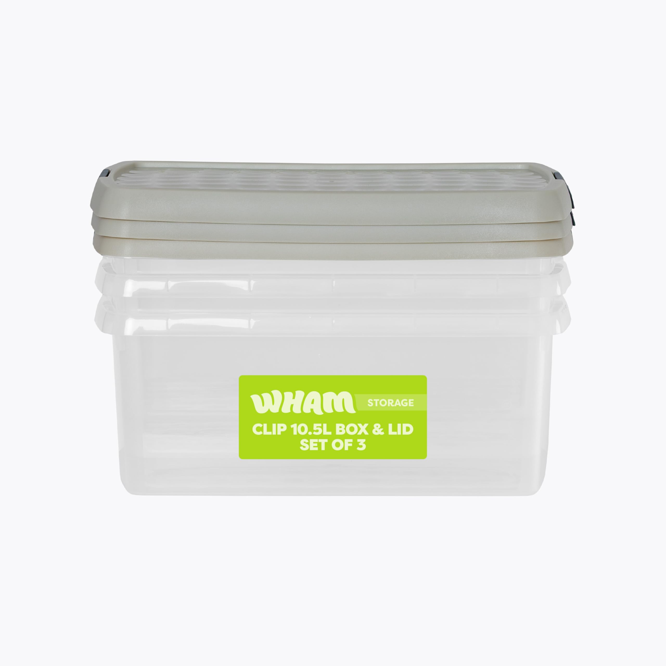 Wham 10.5L Clear Storage Box with Lid - 3 Pack - Stone and Slate Grey - Rectangular Plastic Container