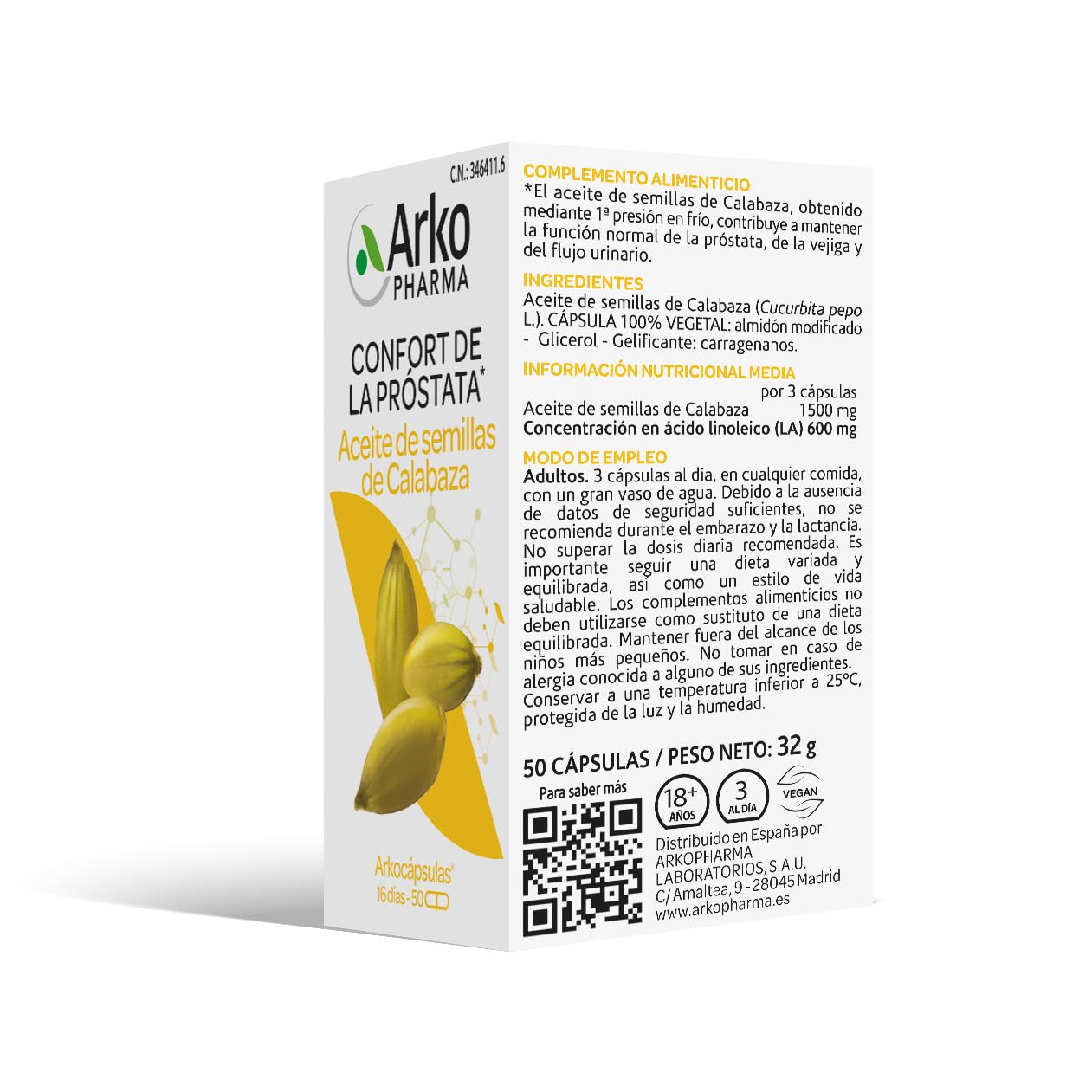 Arkopharma Arkocápsulas Semillas de Aceite de Calabaza, 100 Cápsulas Pack x2, Confort y Función Normal de la Próstata, la Vejiga y del Flujo Urinario, Complemento Alimenticio