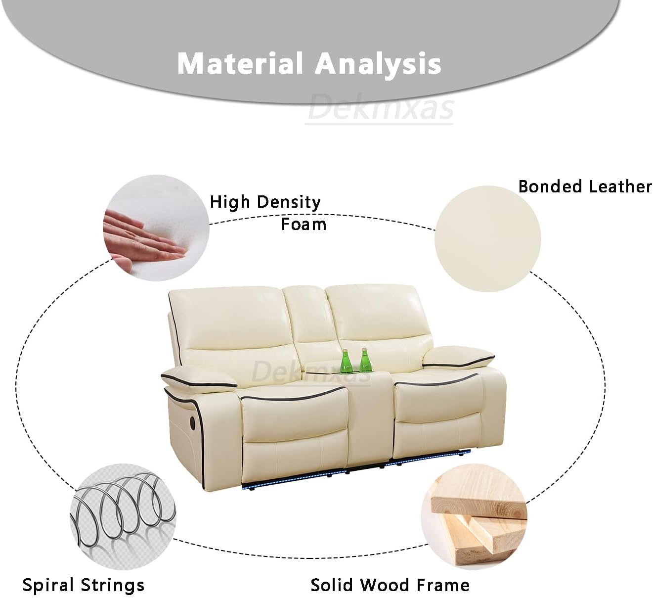 Living Room Sofa Set Reclinr Bonded Leather Power Living Room Furniture Set Loveseat with Cup HolderDrop-Down Table\UPS PortLED Light for Guest Room, Rv Car, Office(Beige,with Power)