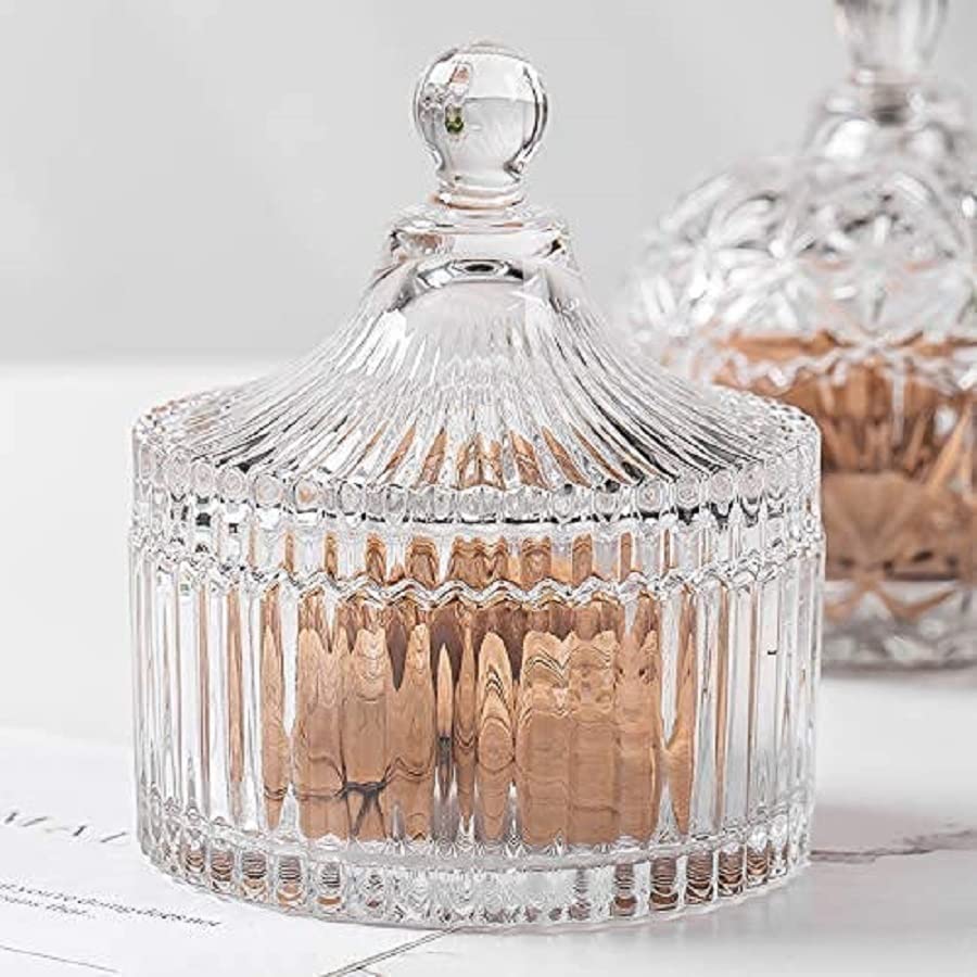 Image of BRUSHFINCH Candy Dry Fruit Bowl for Dessert Style Crystal Glass Sugar Candy Mukhwas Jar with Lid, Modern Designer Multi-Purpose Bowl, Round Kitchen Storage Pickle Containers,(1) Clear.