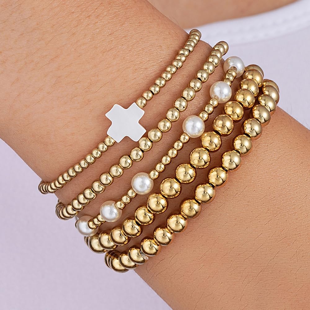 Stack Beaded Bracelets for Women,Gold Stackable Bead Stretch Bracelets Unique Pearl Cross Bracelet Set,Trendy Preppy Jewelry Accessories Gifts - Image 3
