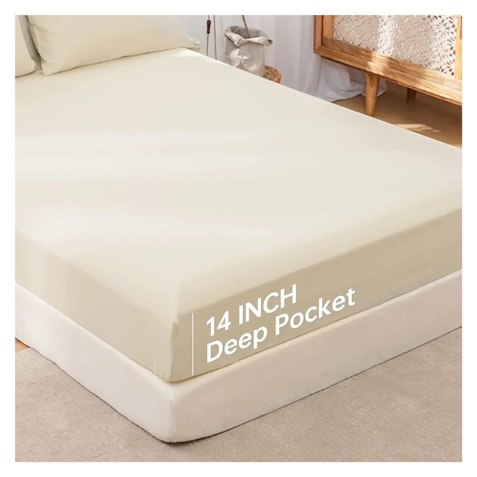 Drap en Lin Drap-Housse en Lin - Housse de Matelas à Poche Profonde 14 Pouces, literie Douce et Respirante Coton(Green,Twin)