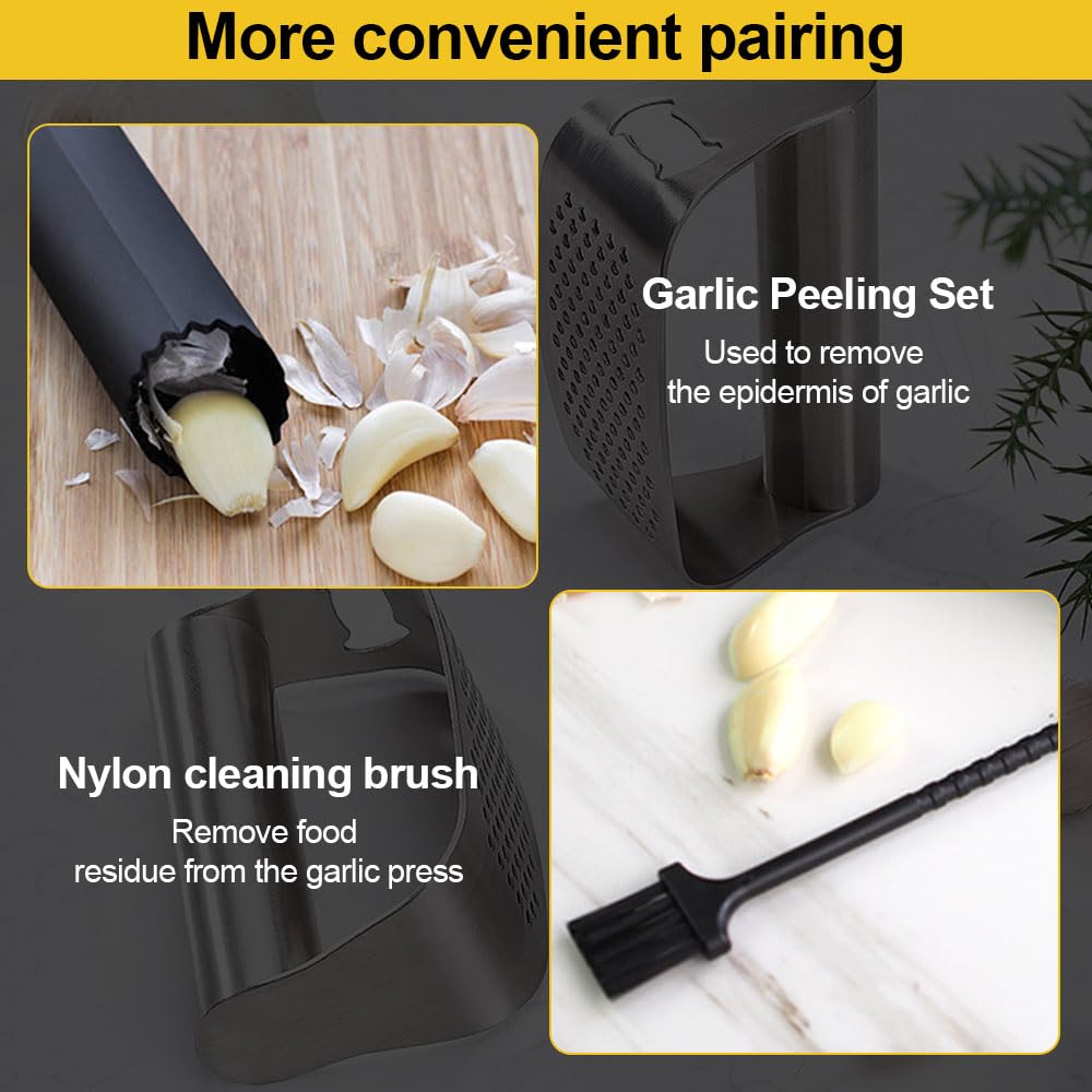 Prensa de ajos, picadora de ajo de acero inoxidable resistente con pelador y cepillo de limpieza, herramienta de cocina eficiente para triturar y picar ajo