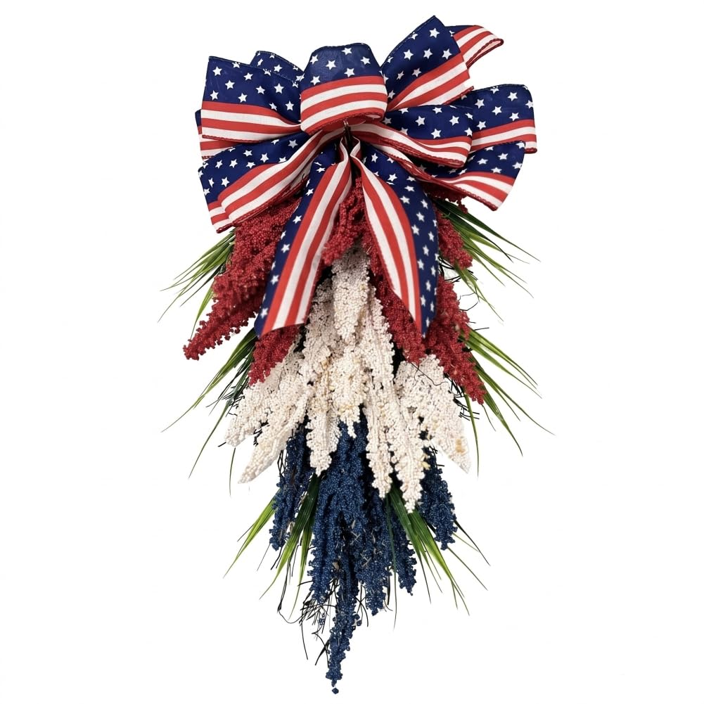 Syglawnd 4th of July Wreath for Front Door, Inverted Artificial Patriotic Wreath with Bow Hanging Swags for Indoor and Outdoor, Red White Blue, 20x12 Inch, Patriotic