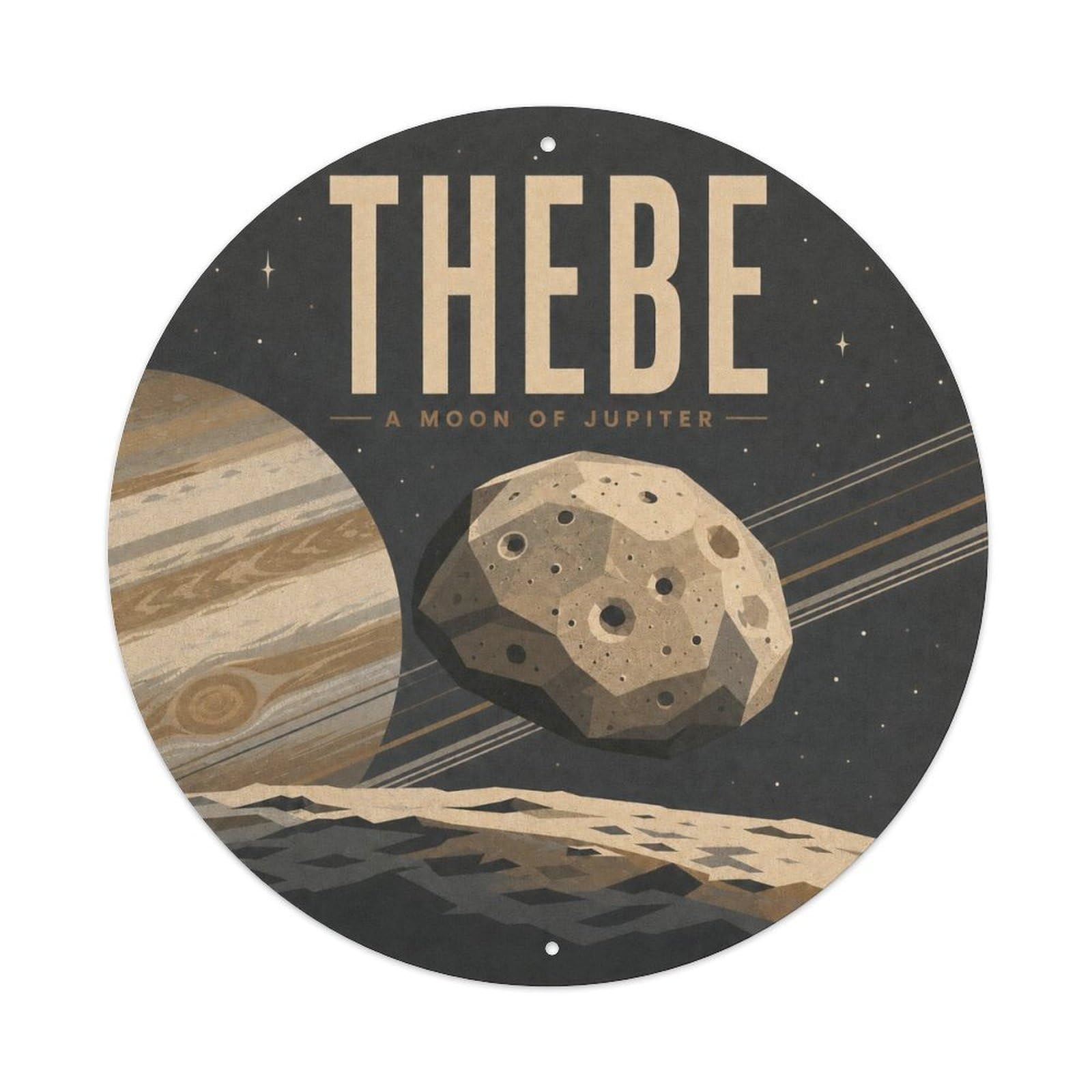 Okngb Style Cosmic Orbit Thebe Jupiter Moon Astral Galaxy Night Sky Metal Tin Sign Plaque Wall Decor For Cafe, Man Cave, Club Bar, Office, Home Garden Round Metal Poster 8X8inch