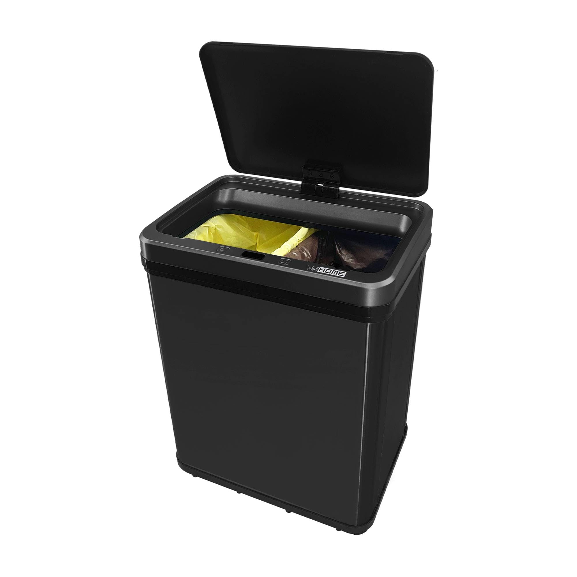 WELL HOME MOBILIARIO & DECORACIÓN Cubo de Basura inteligente para Reciclaje SIN patas, con apertura automática y contacto manual, capacidad 15L+15L, Alto: 60 (x35,5x26cm), Color Negro