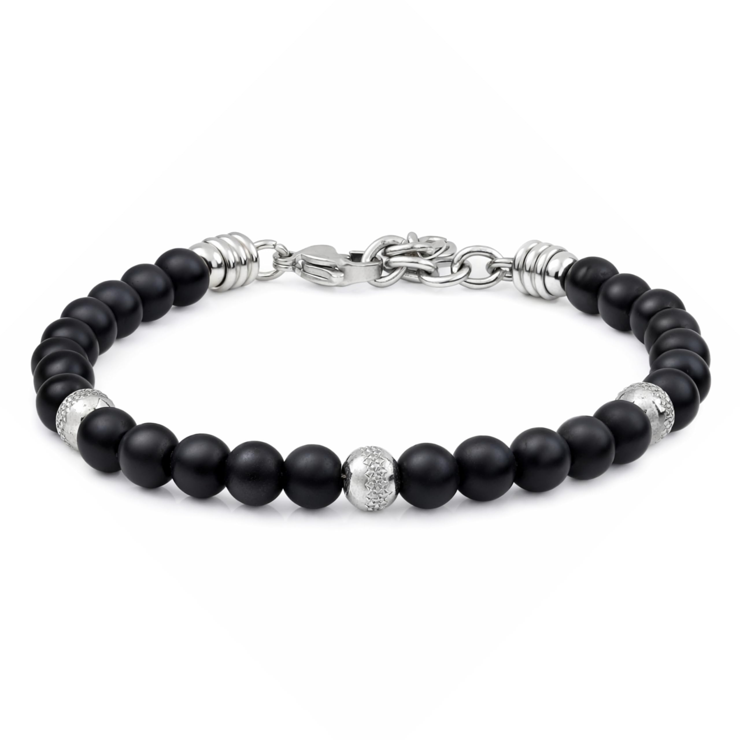 10:10 Jewels Bransoletka męska i damska z 0,64 cm naturalnymi czarnymi kamieniami, bransoletka męska lub damska z diamentowymi koralikami ze stali nierdzewnej i bardzo wytrzymała, wyprodukowana we