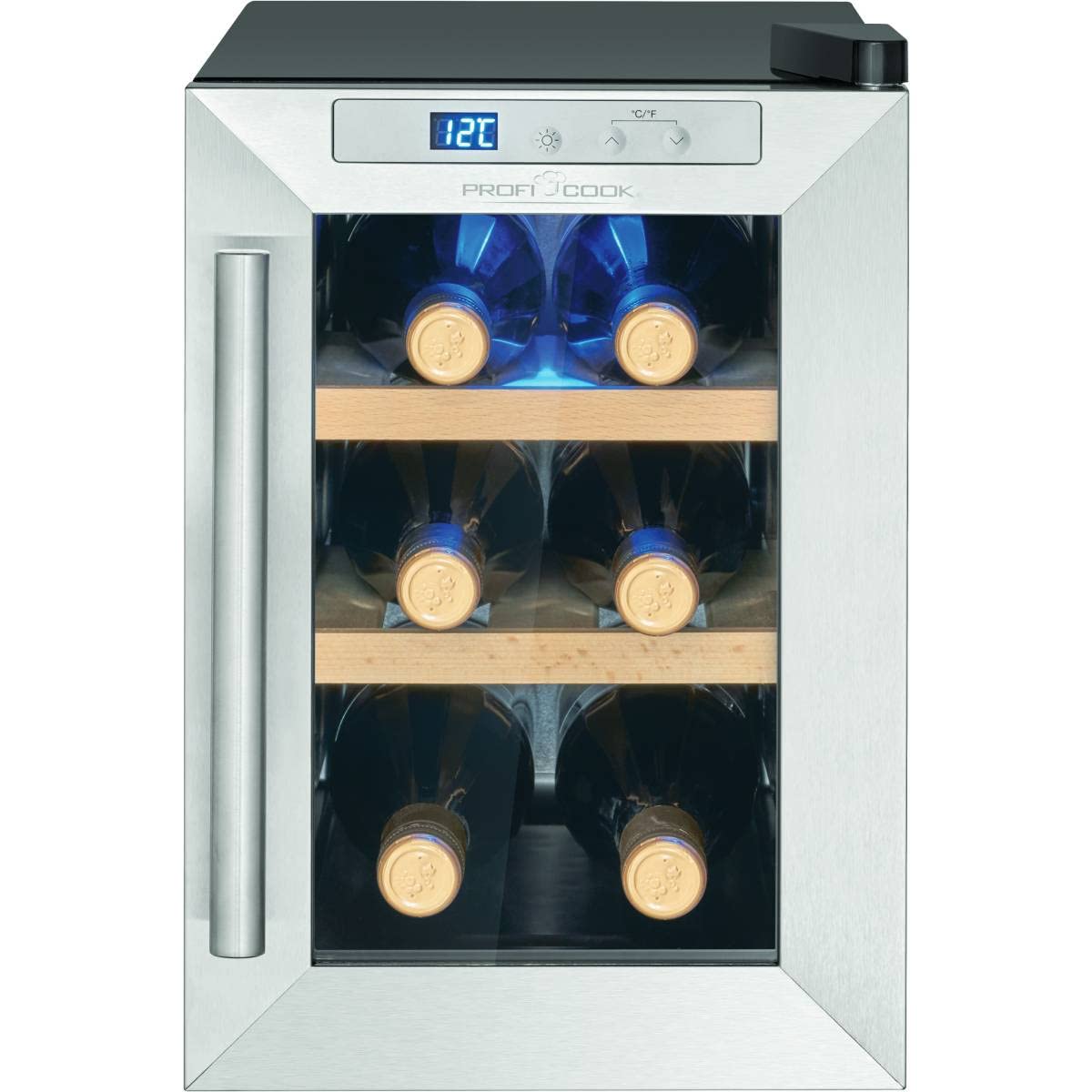 ProfiCook Weinkühlschrank | 6 Flaschen | Getränkekühlschrank | UV-beständige Glastür | Weinkühler | LED-Beleuchtung | 3 Lagerebenen - Davon 2 herausnehmbar | 11-18°C | PC-WK 1231