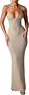 Women's Crochet Knitted Halter Maxi Dress Sexy Hollow Out V-Neck Lace Up Backless Bodycon Beach Holiday Long Dress - Buy now